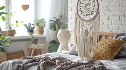 Dream catcher hanging as decoration for a white bedroom