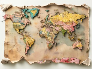 A map of the world is cut out of a piece of paper and pasted on a wall