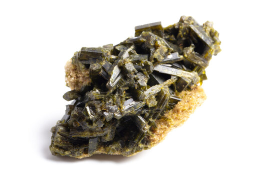 Epidote Crystal, Green Variation, Semi-Transparent. Collecting and Magic Concept, Metaphysical Healing. Handmade Photo, Isolated Background, Selective Focus, Not AI