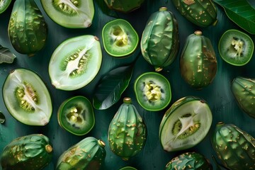A topdown view of green cactus fruit, sliced to reveal the texture inside. Ai generated