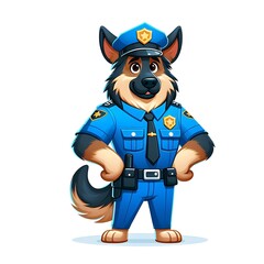 Funny shepherd dog character in blue police uniform standing on guard with paws on hips, cartoon vector illustration isolated on white background. Police dog character in uniform on guard
