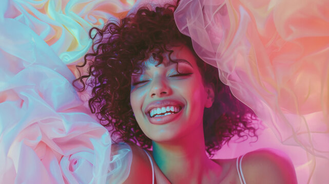 a young and elegant black woman poses in a white top, accentuating her natural Afro hairstyle in this captivating portrait, against a pink backdrop featuring abstract textures.