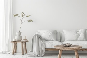 A white living room with a couch, coffee table, and a vase with a plant. The room has a clean and minimalist look, with a focus on the white color scheme