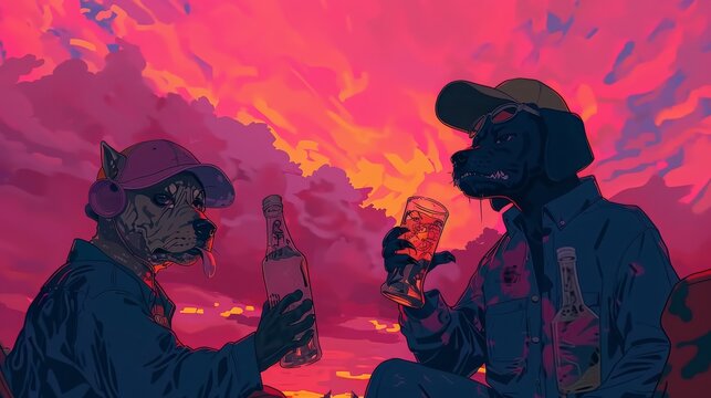Anthropomorphic dogs with headphones and sunglasses at dusk, sharing a drink in a camaraderie atmosphere, concept of friendship and leisure