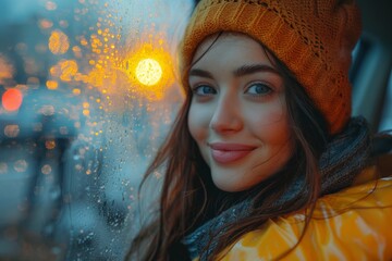 A young woman smiles as she relishes the moment, wearing a yellow beanie and raincoat against a rainy, bokeh-lit street backdrop