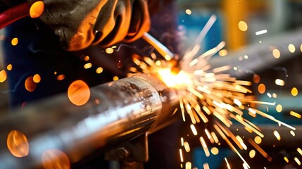 Welding worker welding stainless steel pipe