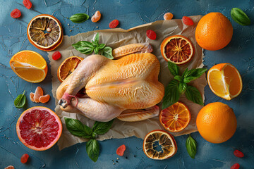 Whole chicken on paper with oranges