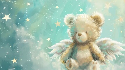 Illustration of a cute baby bear with happy face, soft angel wings and gloria. surrounded by stars - obrazy, fototapety, plakaty
