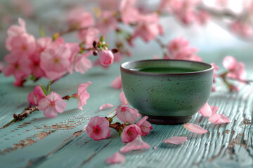 Green tea cup surrounded by pink flowers - 795540906
