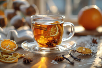 A cup of tea with orange slices and spices - 795541119