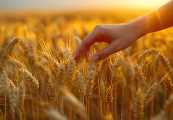 Hand reaching for wheat in field