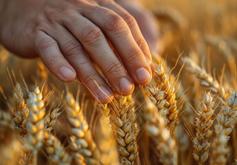Hand reaching for stalk of wheat - 795541320