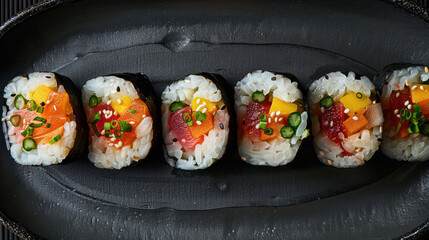 Black plate with sushi food - 795541718