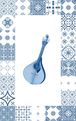 Fado's guitar for traditional songs. Watercolor illustration in blue and white. Simbol of Portuguese culture. Isolated on white background.For kitchen textiles,tablecloths,posters,postcards