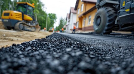 Road construction workers are carrying out the road asphalting process using heavy equipment