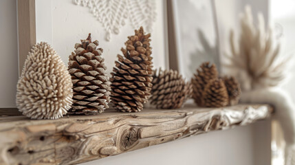 Group of pine cones on mantle - 795541988