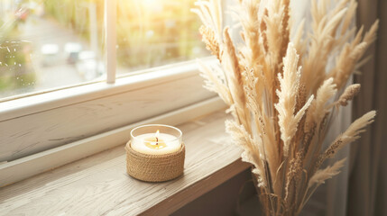 Candle on window sill next to window - 795541996