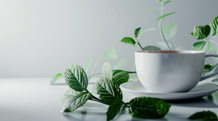 A cup of coffee with green leaves on a saucer - 795542109