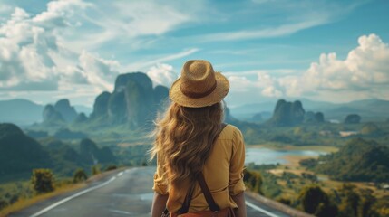 woman stand on the road with tree around, traveler girl stand turn back on the road with sunshine mountain background - Powered by Adobe