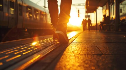 close up photo of shoes while walking on a train platform in the afternoon