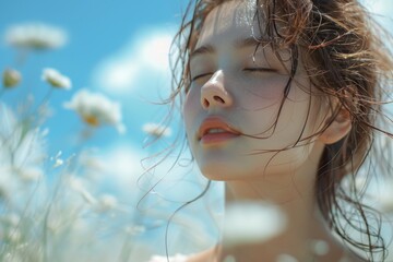 An ethereal young woman with a serene expression surrounded by white flowers and a clear blue sky