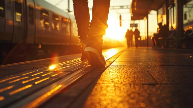 close up photo of shoes while walking on a train platform in the afternoon