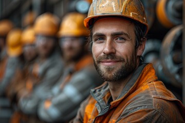 Fototapeta premium Smiling male industrial worker with a protective helmet among blurred colleagues