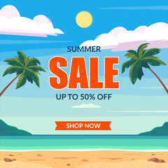 Summer sale banner on tropical landscape with palm trees and sea beach. Special discount, best offer template. Vector illustration.