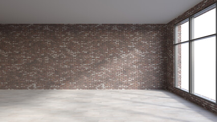 Modern empty room with big window, brick wall and white wooden floor. Interior mockup with space for furniture or paintings on the wall. 3D render
