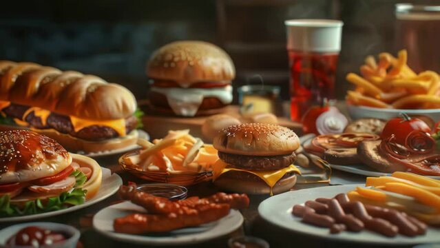 A table full of food including hamburgers, fries, and hot dogs