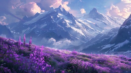 Purple flowers bloom in front of a majestic snowy mountain range
