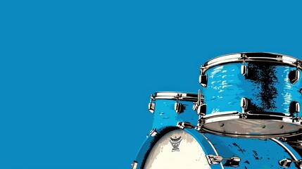   A blue drumset, tightly focused in a blue backdrop, showcases a white mark at its base