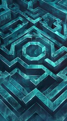 Cyan hexagons forming a labyrinth maze on a mysterious 2D challenge card - obrazy, fototapety, plakaty