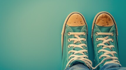   A tight shot of feet in blue Converse sneakers, featuring white laces, against a teal backdrop - obrazy, fototapety, plakaty