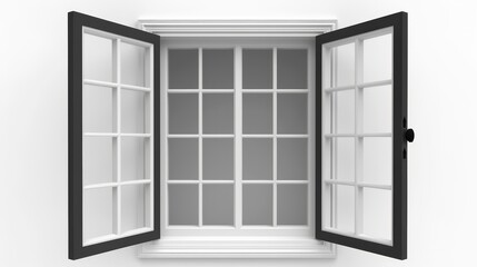   A white wall with an open window displaying a grid pattern exterior and interior