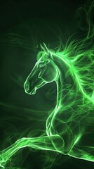 Dark green background with a horse made of flowing green light waves, embodying freedom and energy