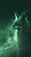 Dark green background with a fox made of emerald green light waves, capturing a wild essence in a minimalist style - obrazy, fototapety, plakaty
