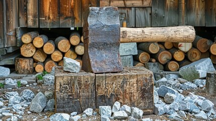   A sizable log atop a mound of stones, adjacent to a stack of firewood and logs in the backdrop - obrazy, fototapety, plakaty
