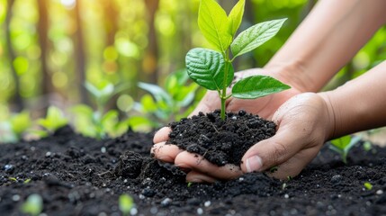   A person closely holds a planted green leaf, emerging from dirt
