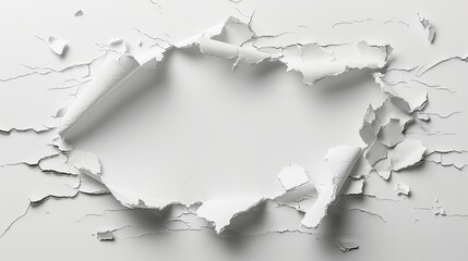   A white background with a tear-shaped hole in the center, exhibiting two halves and revealing a circular opening