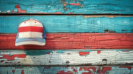   A red, white, and blue hat hangs on blue-red painted wood planks with peeling paint
