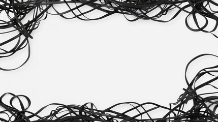   A stack of black rubber bands atop a white table, empty white expanse in the image's heart