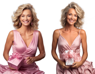 Happy senior women with gift, smiling and laughing wearing in an expensive evening dress. Beautiful adult woman hold present. Concept mother's Day or birthday.