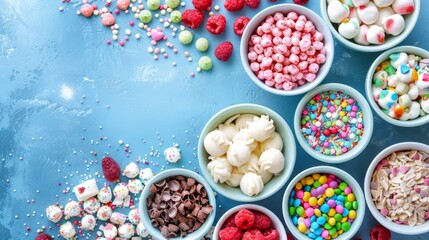   A blue surface holds a table, its top adorned with bowls containing various candies and marshmallows