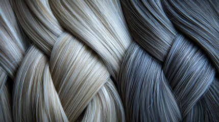   A close-up image showcases various shades of gray, white, and light brown braids - obrazy, fototapety, plakaty