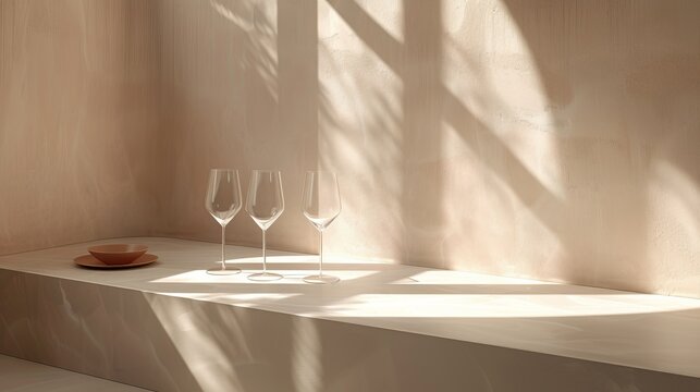   A few wine glasses on a counter, near a bowl, and one more bowl on a ledge