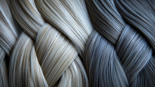   A close-up image showcases various shades of gray, white, and light brown braids