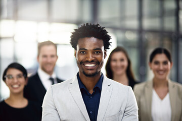 Teamwork, black man and portrait of business people in office for partnership, collaboration and...