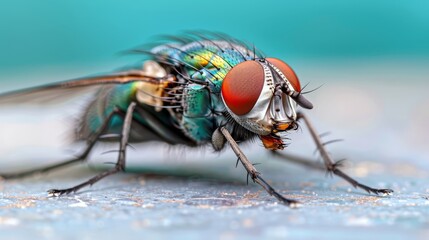   A tight shot of a fly perched on a surface, its wings and legs dotted with water droplets
