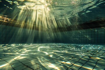 Sunlight streaming through the surface of a calm swimming pool